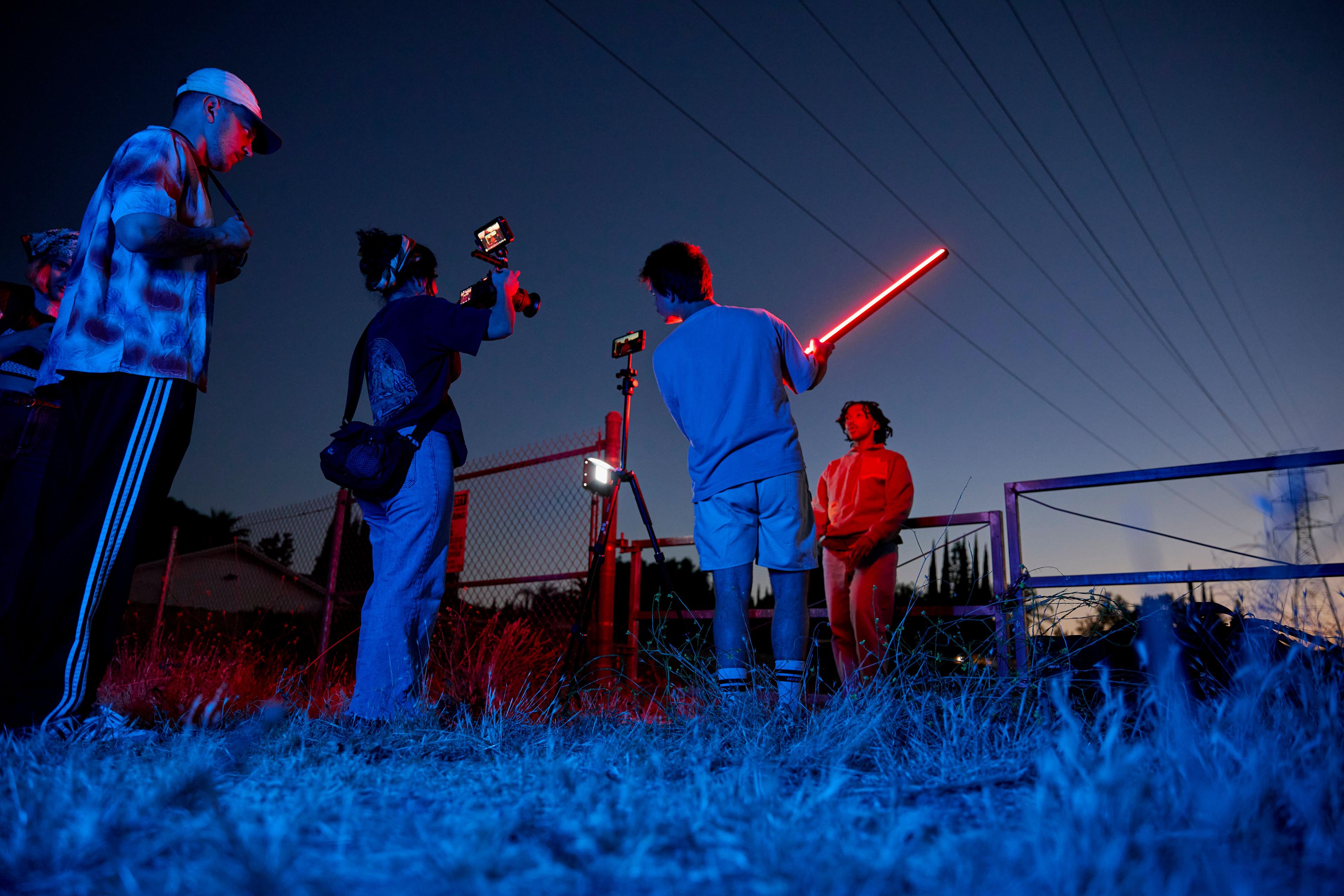 Using tube lights to film our mobile film festibal campaign.